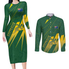 Australia Athletics Couples Matching Long Sleeve Bodycon Dress and Long Sleeve Button Shirt Australian Flag Map Track Runner Silhouette Green Gold