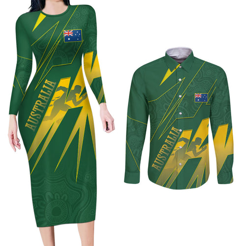 Australia Athletics Couples Matching Long Sleeve Bodycon Dress and Long Sleeve Button Shirt Australian Flag Map Track Runner Silhouette Green Gold