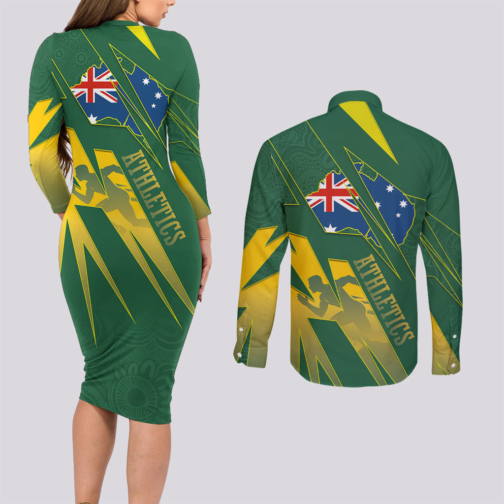 Australia Athletics Couples Matching Long Sleeve Bodycon Dress and Long Sleeve Button Shirt Australian Flag Map Track Runner Silhouette Green Gold