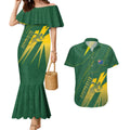 Australia Athletics Couples Matching Mermaid Dress and Hawaiian Shirt Australian Flag Map Track Runner Silhouette Green Gold