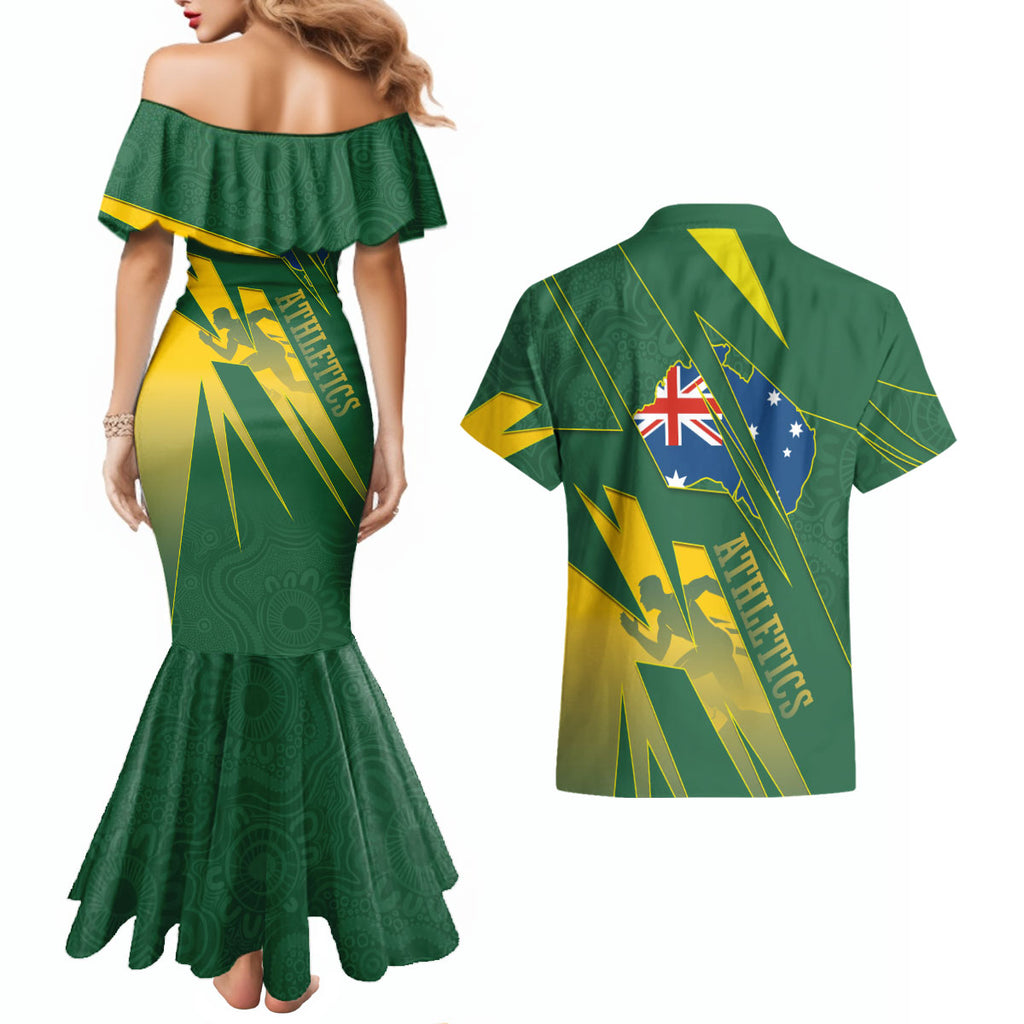 Australia Athletics Couples Matching Mermaid Dress and Hawaiian Shirt Australian Flag Map Track Runner Silhouette Green Gold