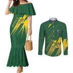 Australia Athletics Couples Matching Mermaid Dress and Long Sleeve Button Shirt Australian Flag Map Track Runner Silhouette Green Gold