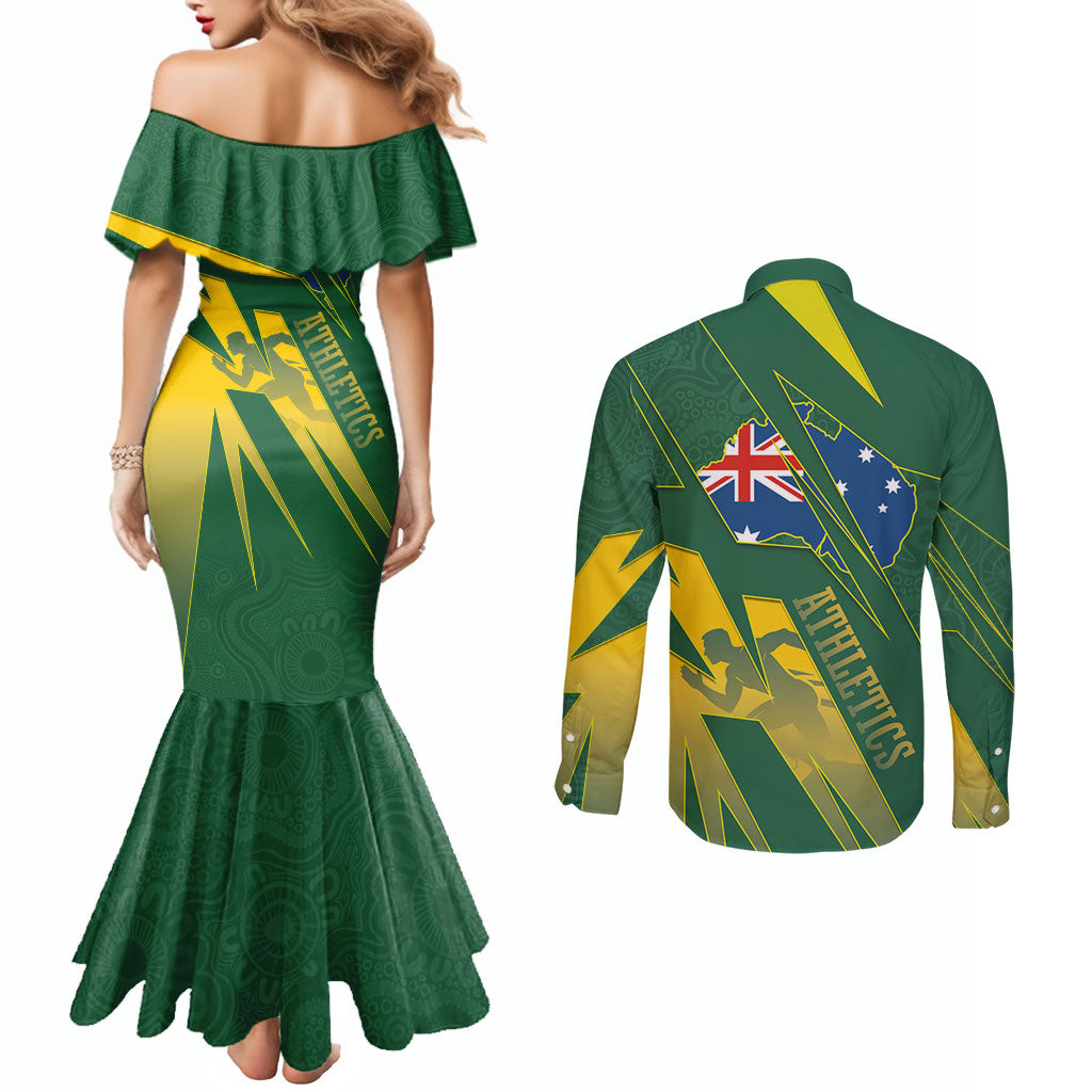 Australia Athletics Couples Matching Mermaid Dress and Long Sleeve Button Shirt Australian Flag Map Track Runner Silhouette Green Gold