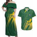 Australia Athletics Couples Matching Off Shoulder Maxi Dress and Hawaiian Shirt Australian Flag Map Track Runner Silhouette Green Gold