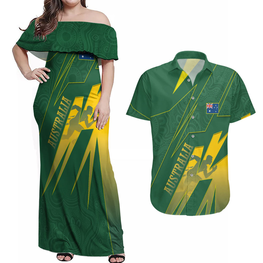 Australia Athletics Couples Matching Off Shoulder Maxi Dress and Hawaiian Shirt Australian Flag Map Track Runner Silhouette Green Gold