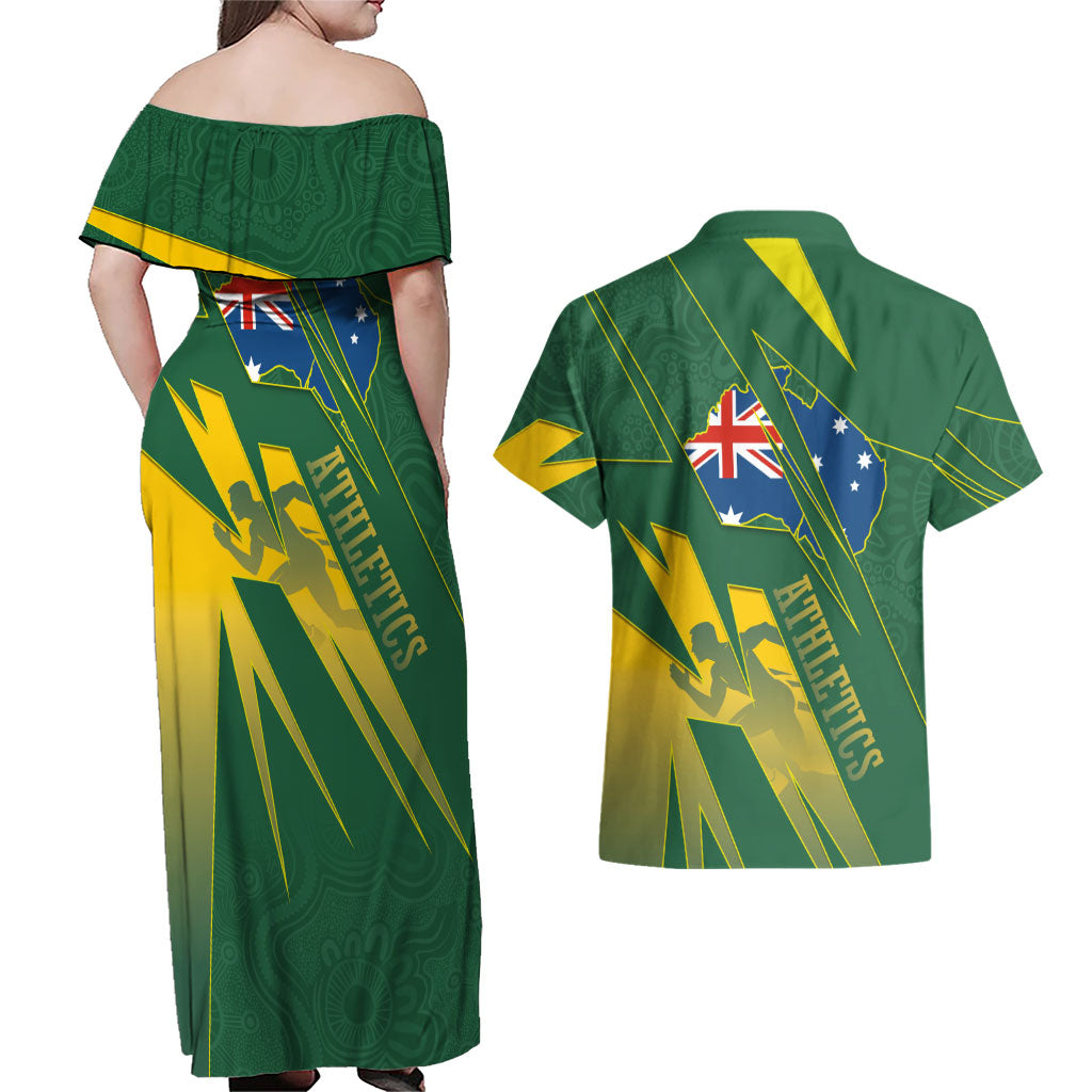 Australia Athletics Couples Matching Off Shoulder Maxi Dress and Hawaiian Shirt Australian Flag Map Track Runner Silhouette Green Gold