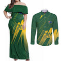 Australia Athletics Couples Matching Off Shoulder Maxi Dress and Long Sleeve Button Shirt Australian Flag Map Track Runner Silhouette Green Gold