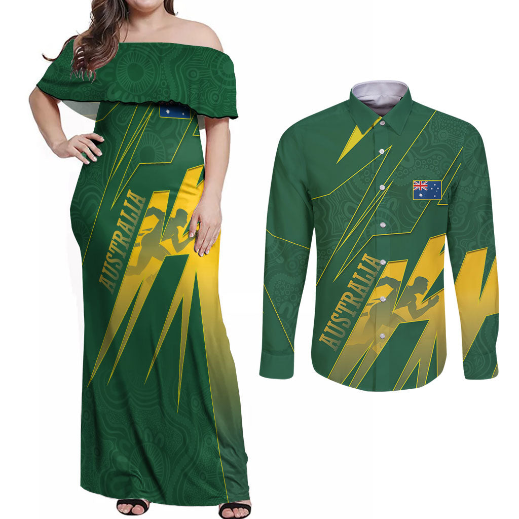 Australia Athletics Couples Matching Off Shoulder Maxi Dress and Long Sleeve Button Shirt Australian Flag Map Track Runner Silhouette Green Gold