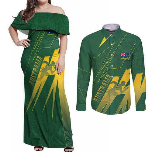 Australia Athletics Couples Matching Off Shoulder Maxi Dress and Long Sleeve Button Shirt Australian Flag Map Track Runner Silhouette Green Gold