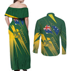 Australia Athletics Couples Matching Off Shoulder Maxi Dress and Long Sleeve Button Shirt Australian Flag Map Track Runner Silhouette Green Gold