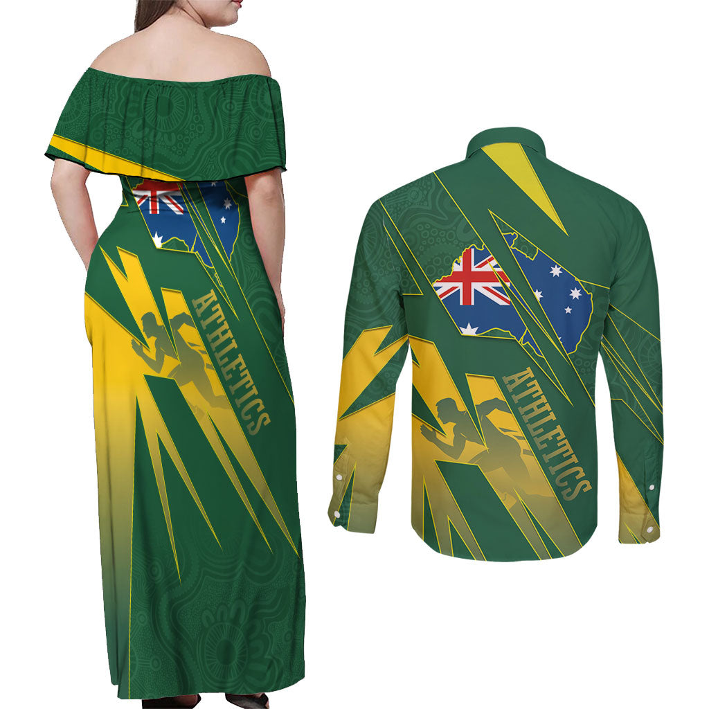 Australia Athletics Couples Matching Off Shoulder Maxi Dress and Long Sleeve Button Shirt Australian Flag Map Track Runner Silhouette Green Gold