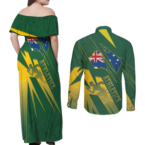 Australia Athletics Couples Matching Off Shoulder Maxi Dress and Long Sleeve Button Shirt Australian Flag Map Track Runner Silhouette Green Gold