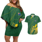 Australia Athletics Couples Matching Off Shoulder Short Dress and Hawaiian Shirt Australian Flag Map Track Runner Silhouette Green Gold
