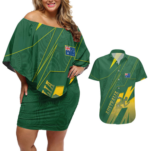 Australia Athletics Couples Matching Off Shoulder Short Dress and Hawaiian Shirt Australian Flag Map Track Runner Silhouette Green Gold