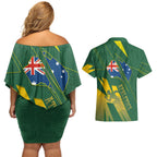 Australia Athletics Couples Matching Off Shoulder Short Dress and Hawaiian Shirt Australian Flag Map Track Runner Silhouette Green Gold