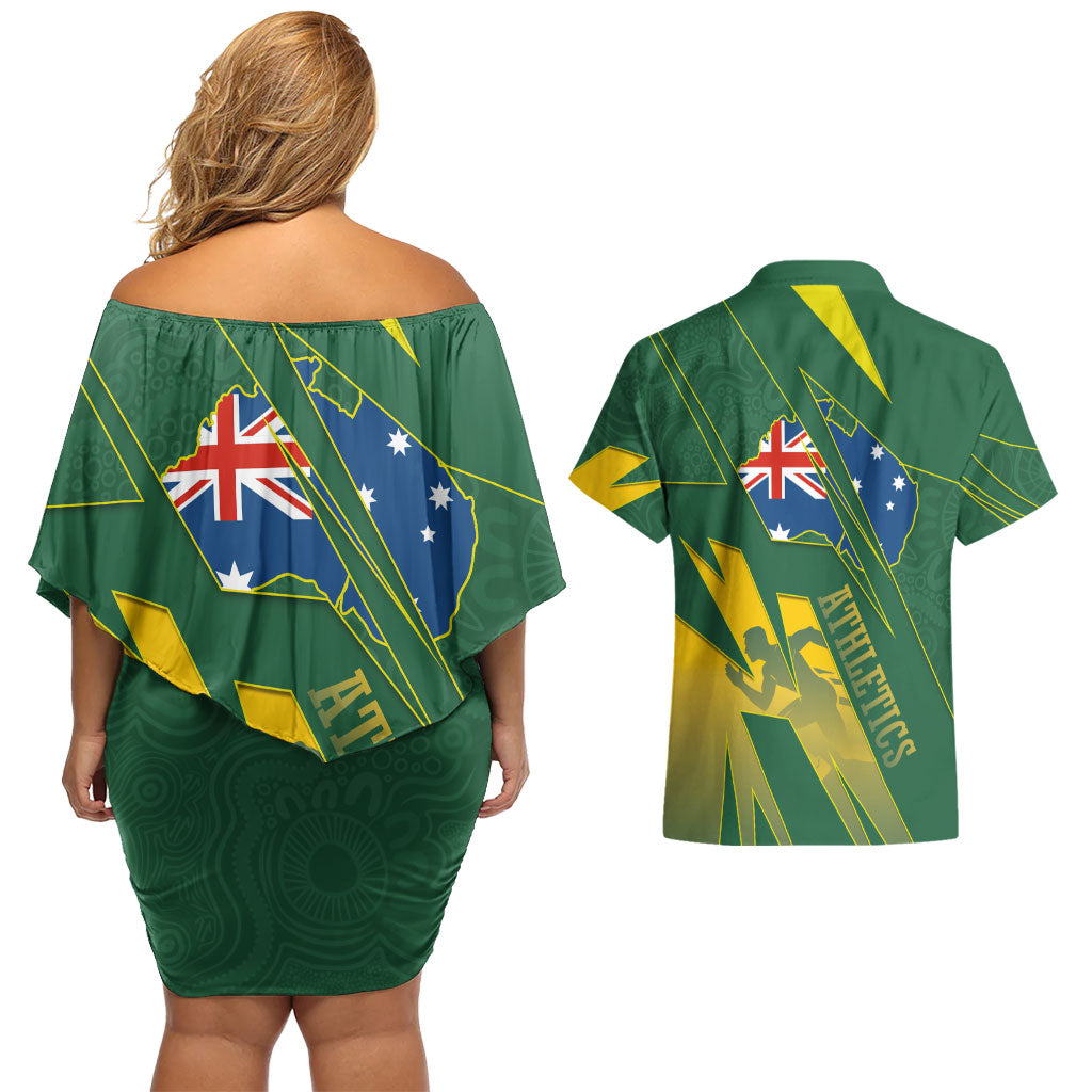 Australia Athletics Couples Matching Off Shoulder Short Dress and Hawaiian Shirt Australian Flag Map Track Runner Silhouette Green Gold