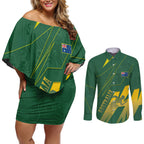 Australia Athletics Couples Matching Off Shoulder Short Dress and Long Sleeve Button Shirt Australian Flag Map Track Runner Silhouette Green Gold