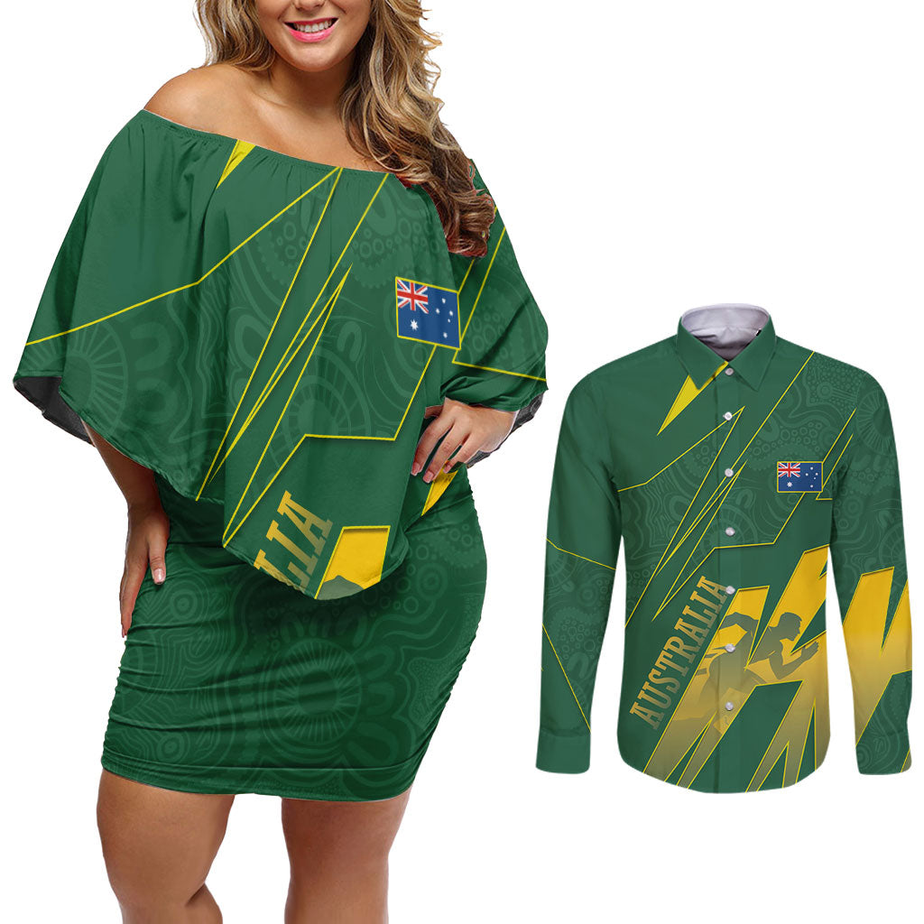 Australia Athletics Couples Matching Off Shoulder Short Dress and Long Sleeve Button Shirt Australian Flag Map Track Runner Silhouette Green Gold
