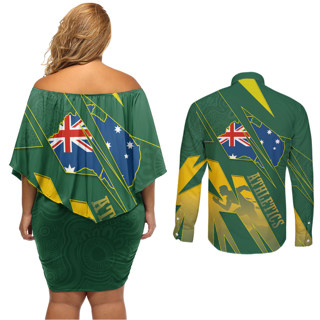 Australia Athletics Couples Matching Off Shoulder Short Dress and Long Sleeve Button Shirt Australian Flag Map Track Runner Silhouette Green Gold