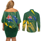 Australia Athletics Couples Matching Off Shoulder Short Dress and Long Sleeve Button Shirt Australian Flag Map Track Runner Silhouette Green Gold