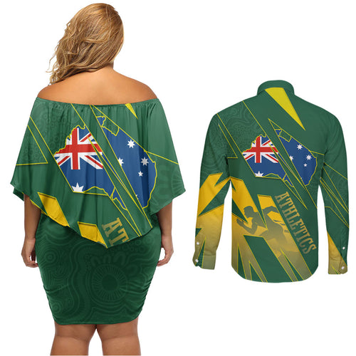 Australia Athletics Couples Matching Off Shoulder Short Dress and Long Sleeve Button Shirt Australian Flag Map Track Runner Silhouette Green Gold