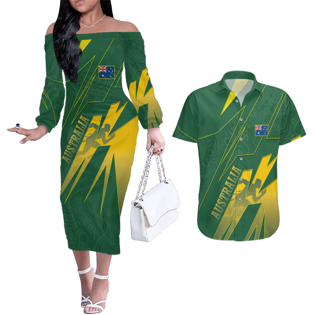 Australia Athletics Couples Matching Off The Shoulder Long Sleeve Dress and Hawaiian Shirt Australian Flag Map Track Runner Silhouette Green Gold