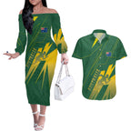 Australia Athletics Couples Matching Off The Shoulder Long Sleeve Dress and Hawaiian Shirt Australian Flag Map Track Runner Silhouette Green Gold