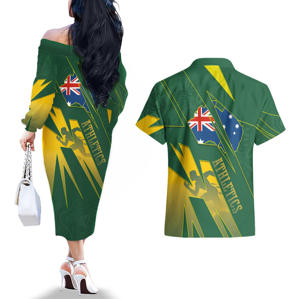Australia Athletics Couples Matching Off The Shoulder Long Sleeve Dress and Hawaiian Shirt Australian Flag Map Track Runner Silhouette Green Gold