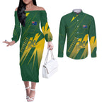 Australia Athletics Couples Matching Off The Shoulder Long Sleeve Dress and Long Sleeve Button Shirt Australian Flag Map Track Runner Silhouette Green Gold
