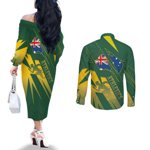Australia Athletics Couples Matching Off The Shoulder Long Sleeve Dress and Long Sleeve Button Shirt Australian Flag Map Track Runner Silhouette Green Gold