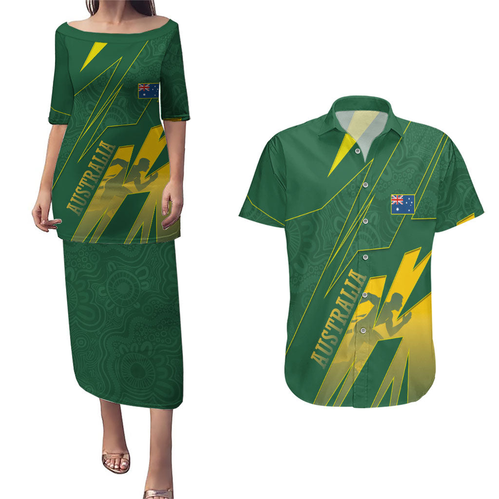 Australia Athletics Couples Matching Puletasi and Hawaiian Shirt Australian Flag Map Track Runner Silhouette Green Gold
