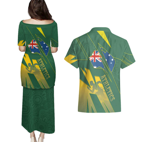 Australia Athletics Couples Matching Puletasi and Hawaiian Shirt Australian Flag Map Track Runner Silhouette Green Gold