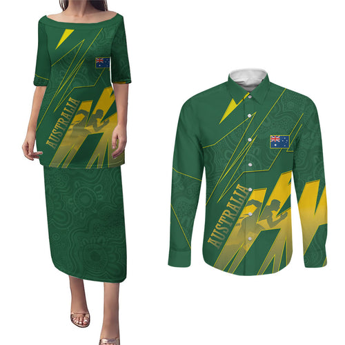 Australia Athletics Couples Matching Puletasi and Long Sleeve Button Shirt Australian Flag Map Track Runner Silhouette Green Gold