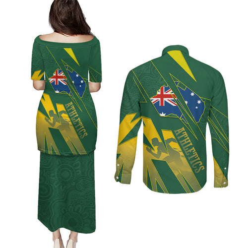Australia Athletics Couples Matching Puletasi and Long Sleeve Button Shirt Australian Flag Map Track Runner Silhouette Green Gold