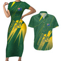 Australia Athletics Couples Matching Short Sleeve Bodycon Dress and Hawaiian Shirt Australian Flag Map Track Runner Silhouette Green Gold