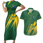 Australia Athletics Couples Matching Short Sleeve Bodycon Dress and Hawaiian Shirt Australian Flag Map Track Runner Silhouette Green Gold