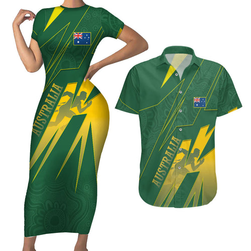 Australia Athletics Couples Matching Short Sleeve Bodycon Dress and Hawaiian Shirt Australian Flag Map Track Runner Silhouette Green Gold
