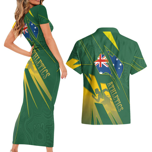 Australia Athletics Couples Matching Short Sleeve Bodycon Dress and Hawaiian Shirt Australian Flag Map Track Runner Silhouette Green Gold