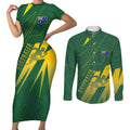 Australia Athletics Couples Matching Short Sleeve Bodycon Dress and Long Sleeve Button Shirt Australian Flag Map Track Runner Silhouette Green Gold