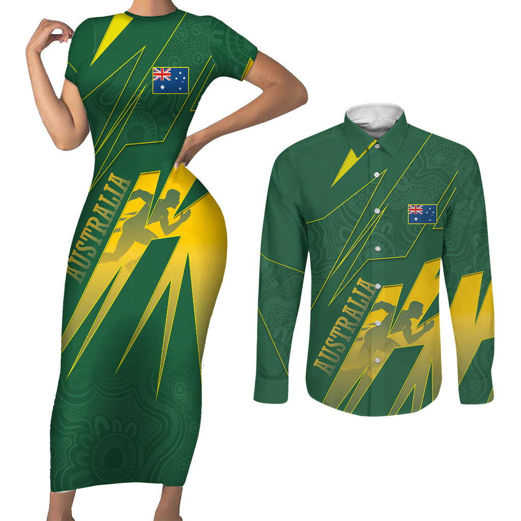 Australia Athletics Couples Matching Short Sleeve Bodycon Dress and Long Sleeve Button Shirt Australian Flag Map Track Runner Silhouette Green Gold