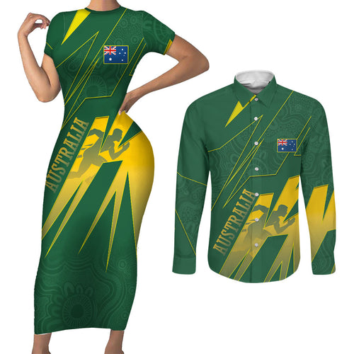 Australia Athletics Couples Matching Short Sleeve Bodycon Dress and Long Sleeve Button Shirt Australian Flag Map Track Runner Silhouette Green Gold
