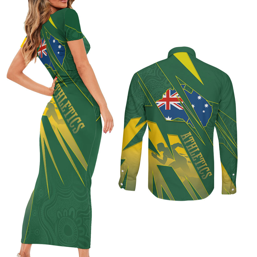 Australia Athletics Couples Matching Short Sleeve Bodycon Dress and Long Sleeve Button Shirt Australian Flag Map Track Runner Silhouette Green Gold