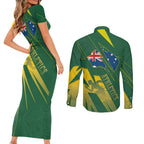 Australia Athletics Couples Matching Short Sleeve Bodycon Dress and Long Sleeve Button Shirt Australian Flag Map Track Runner Silhouette Green Gold