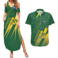 Australia Athletics Couples Matching Summer Maxi Dress and Hawaiian Shirt Australian Flag Map Track Runner Silhouette Green Gold
