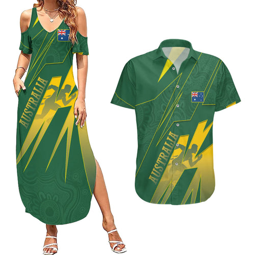Australia Athletics Couples Matching Summer Maxi Dress and Hawaiian Shirt Australian Flag Map Track Runner Silhouette Green Gold