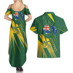 Australia Athletics Couples Matching Summer Maxi Dress and Hawaiian Shirt Australian Flag Map Track Runner Silhouette Green Gold