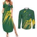Australia Athletics Couples Matching Summer Maxi Dress and Long Sleeve Button Shirt Australian Flag Map Track Runner Silhouette Green Gold