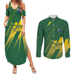 Australia Athletics Couples Matching Summer Maxi Dress and Long Sleeve Button Shirt Australian Flag Map Track Runner Silhouette Green Gold