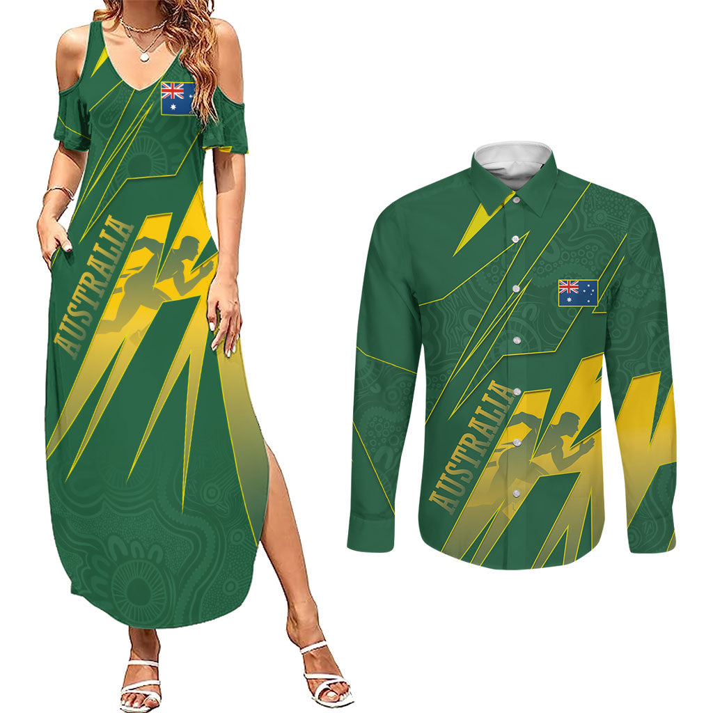 Australia Athletics Couples Matching Summer Maxi Dress and Long Sleeve Button Shirt Australian Flag Map Track Runner Silhouette Green Gold
