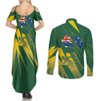 Australia Athletics Couples Matching Summer Maxi Dress and Long Sleeve Button Shirt Australian Flag Map Track Runner Silhouette Green Gold